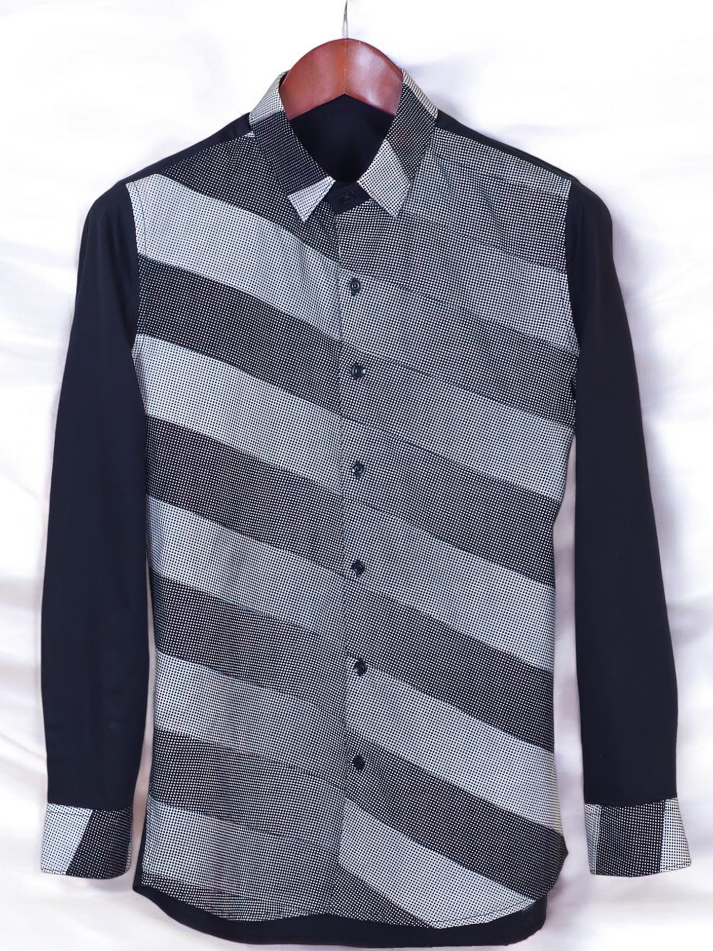 White and Black Polka Dots Faded Slant-Panelled Shirt