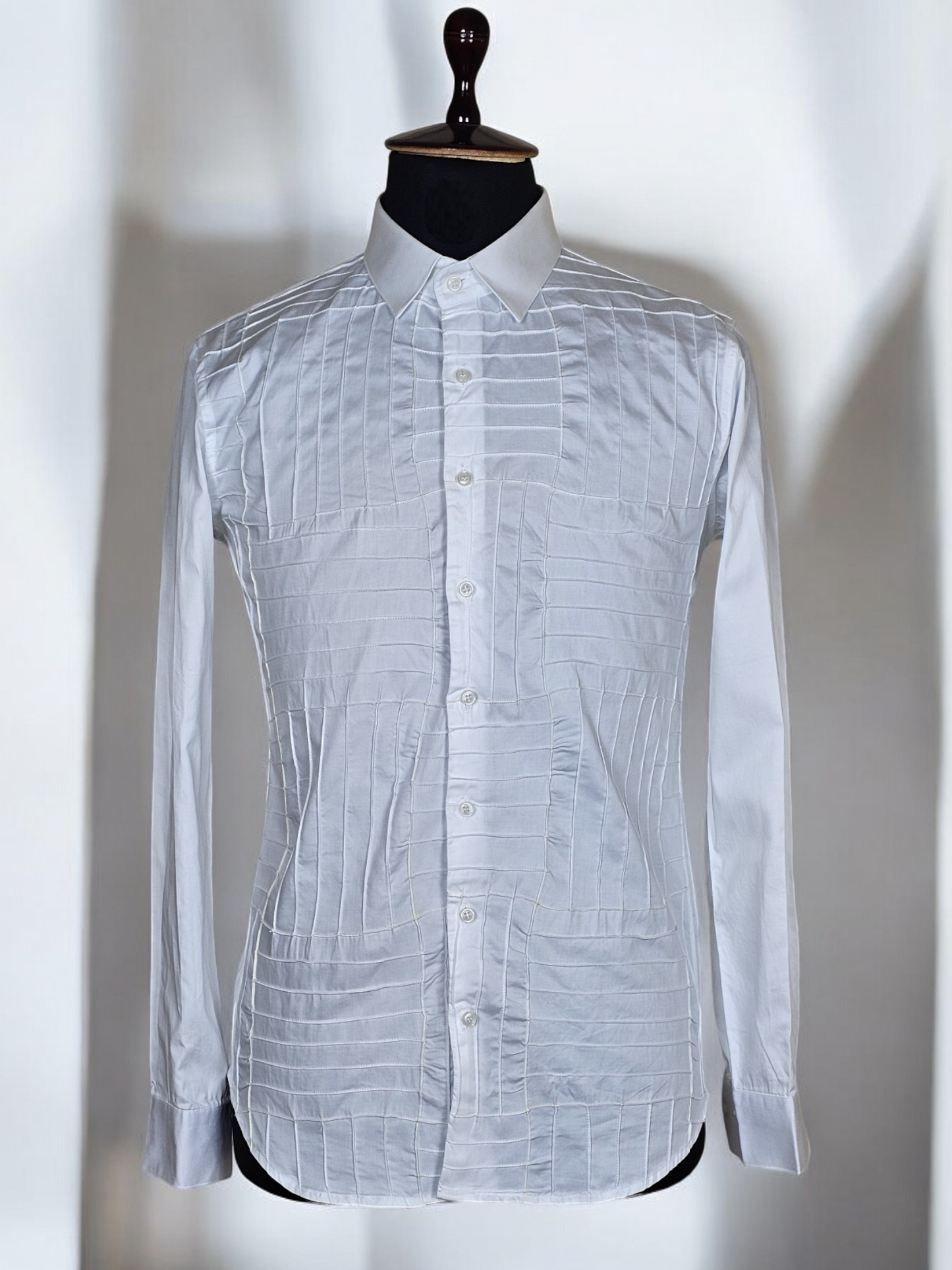 White Shirt with Inverted Horizontal and Vertical Pleats