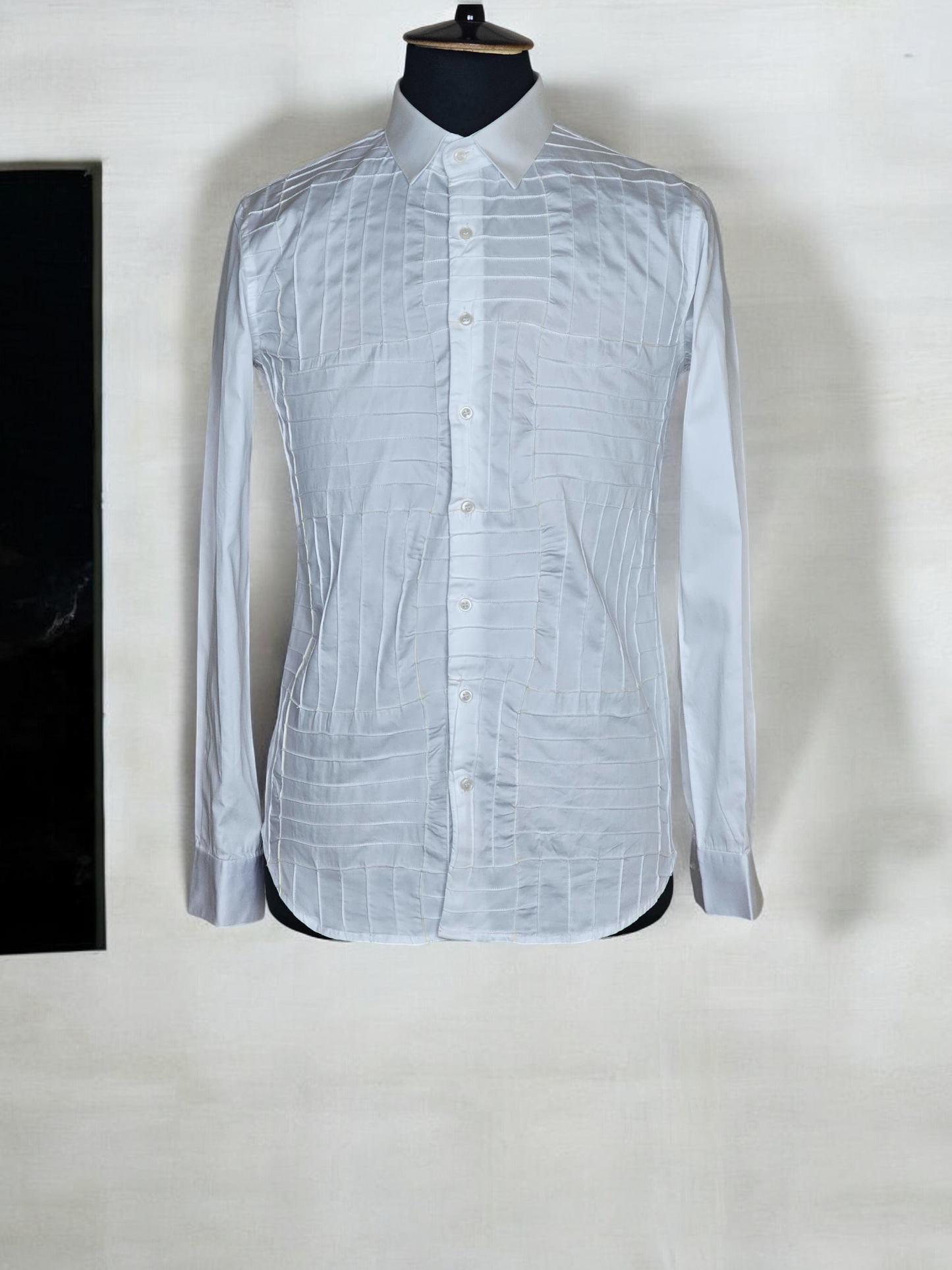 White Shirt with Inverted Horizontal and Vertical Pleats