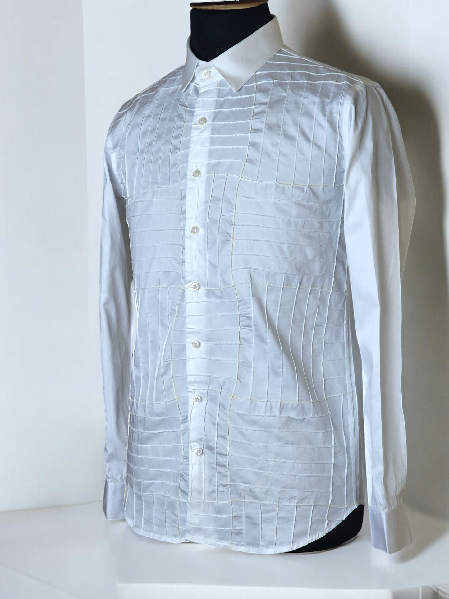 White Shirt with Inverted Horizontal and Vertical Pleats