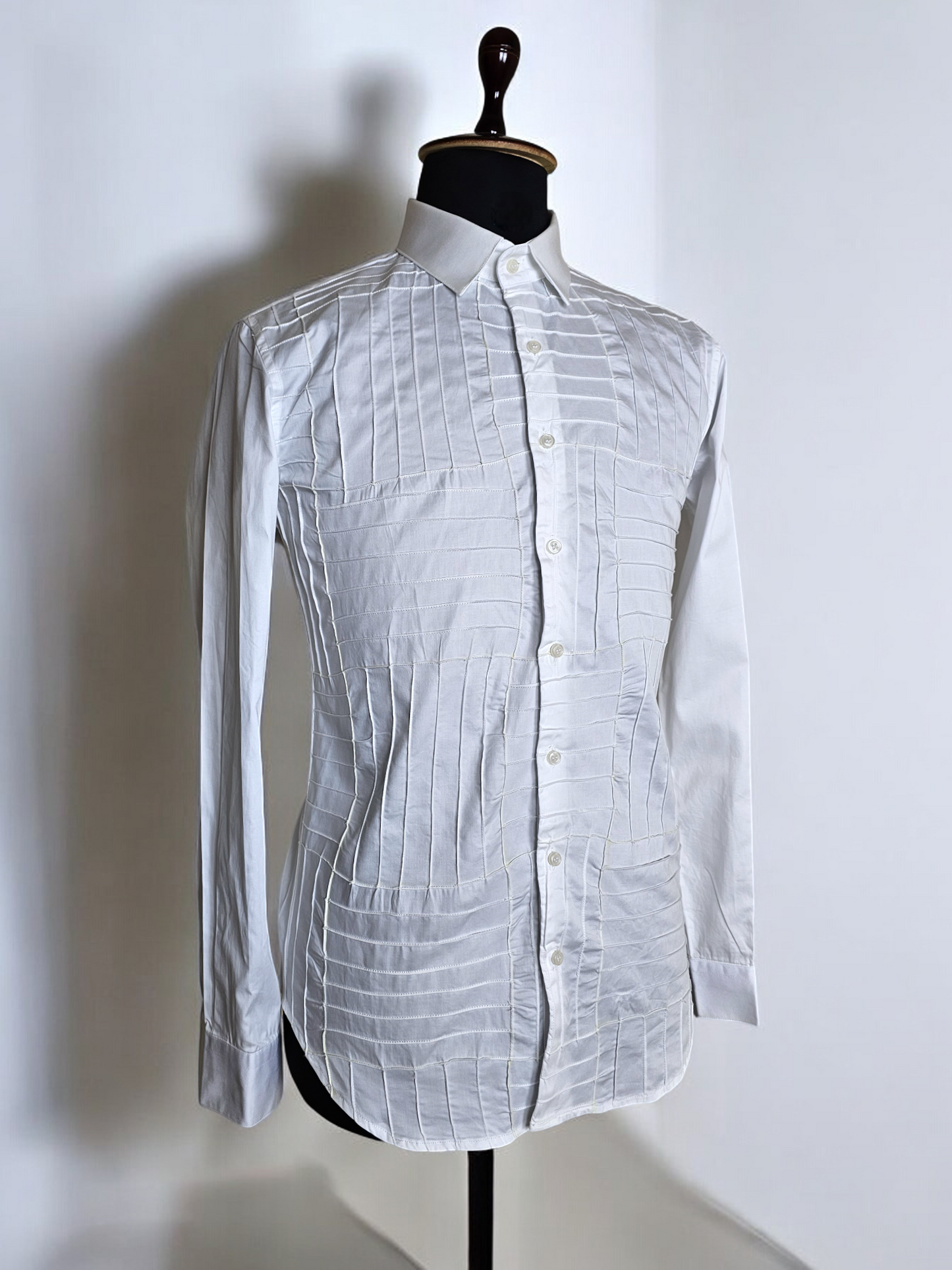 White Shirt with Inverted Horizontal and Vertical Pleats