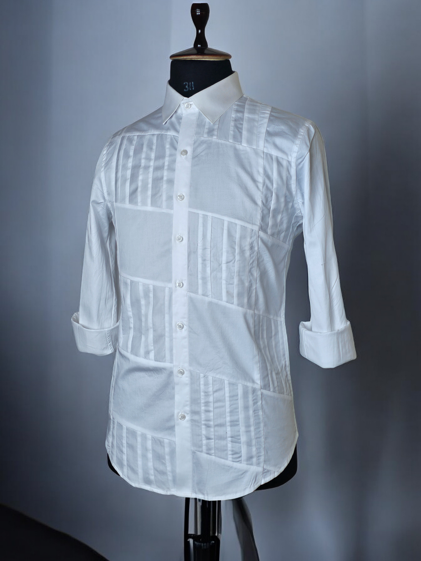 Parallelogram Panelled White Shirt in Dual Fabrics