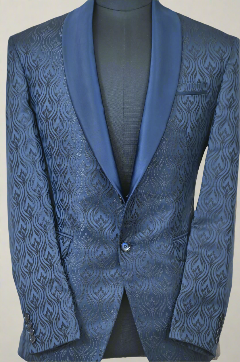 Jacquard Blue Ceremonial Blazer with Satin Shawl Lapel