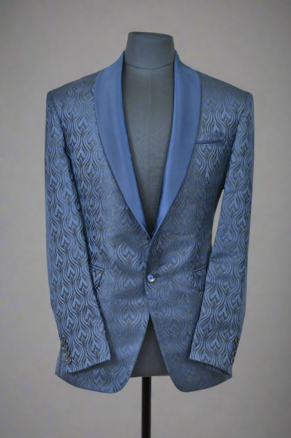 Jacquard Blue Ceremonial Blazer with Satin Shawl Lapel