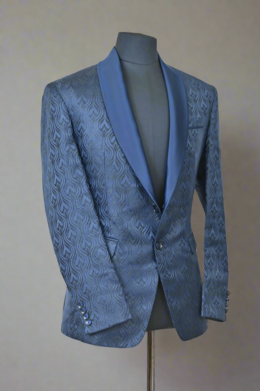 Jacquard Blue Ceremonial Blazer with Satin Shawl Lapel