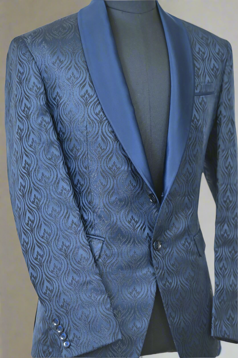 Jacquard Blue Ceremonial Blazer with Satin Shawl Lapel