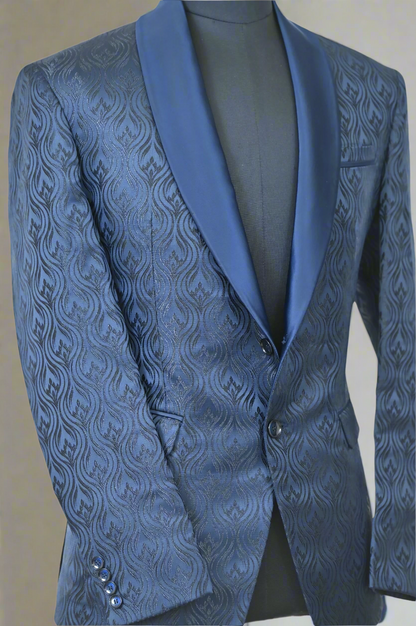 Jacquard Blue Ceremonial Blazer with Satin Shawl Lapel