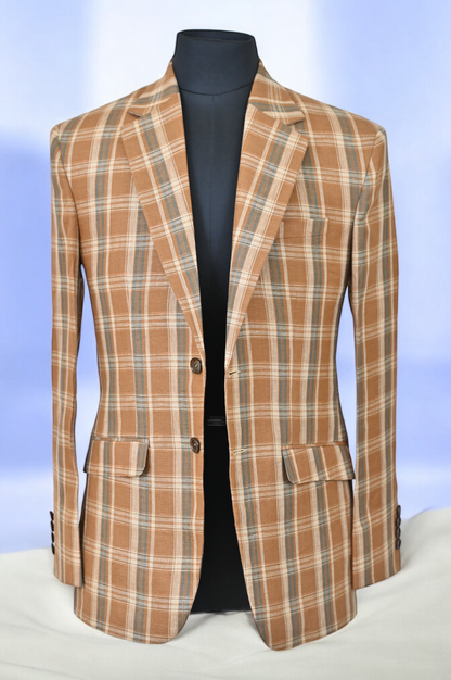 Notch Lapel Orange Beige Chequered Linen Jacket