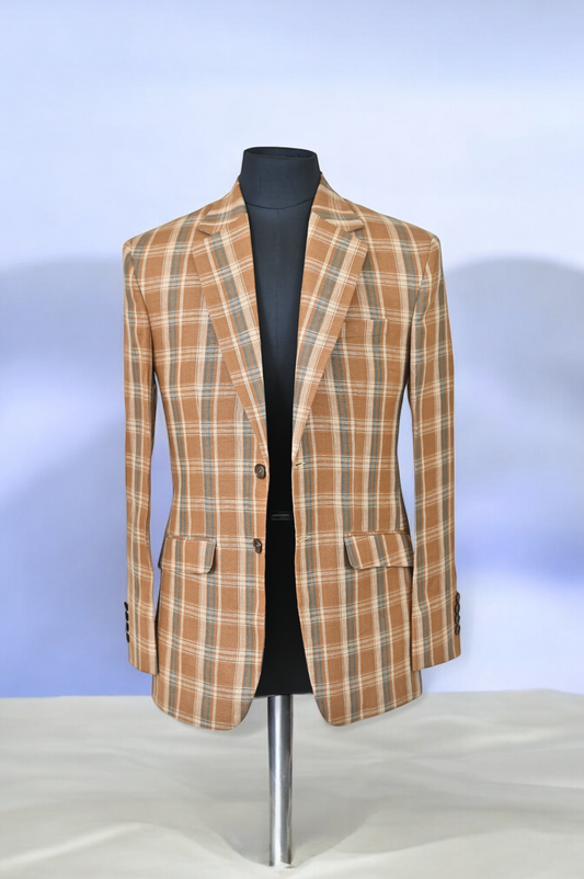 Notch Lapel Orange Beige Chequered Linen Jacket