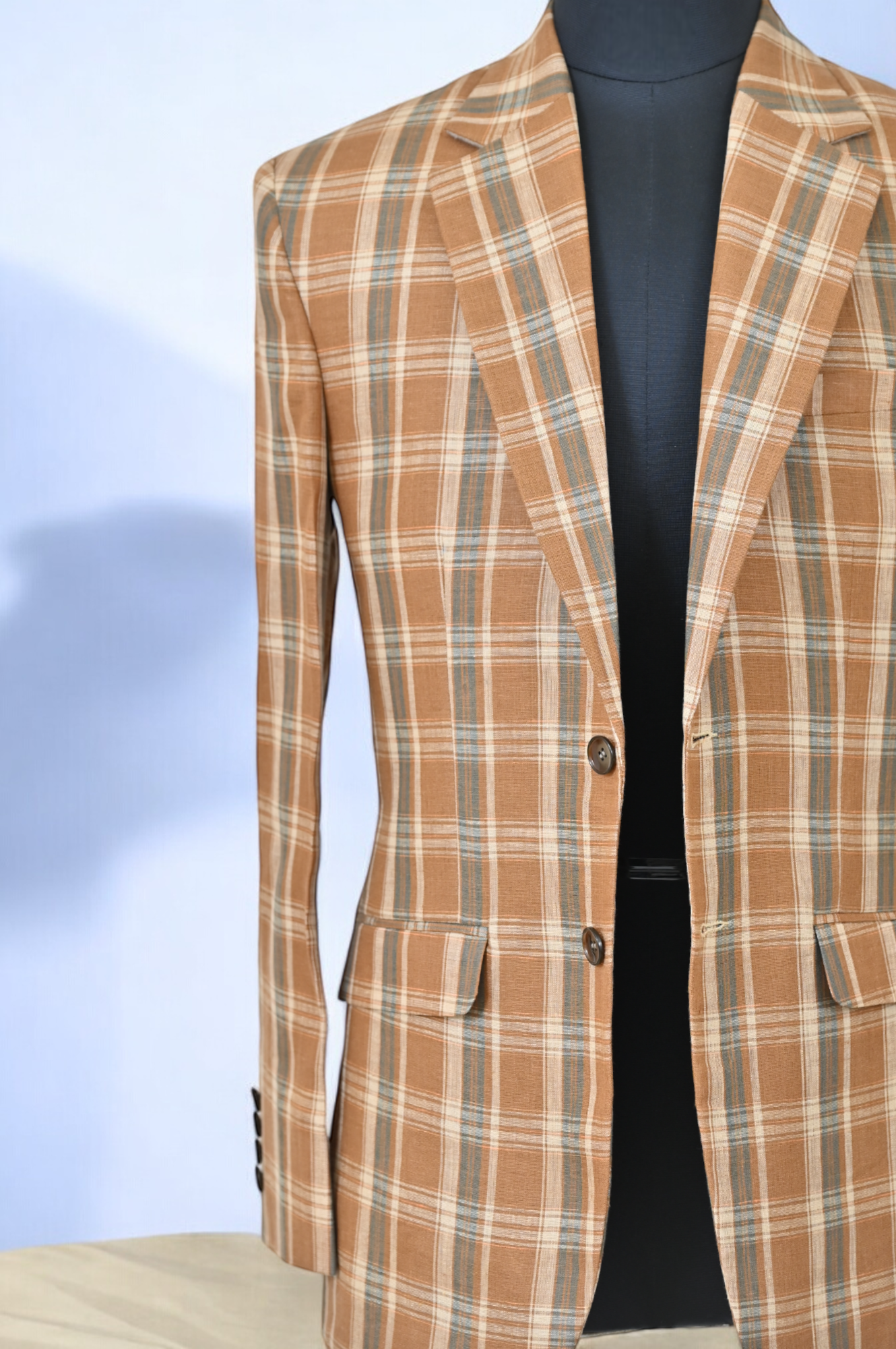 Notch Lapel Orange Beige Chequered Linen Jacket