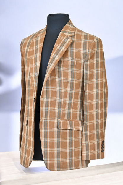 Notch Lapel Orange Beige Chequered Linen Jacket