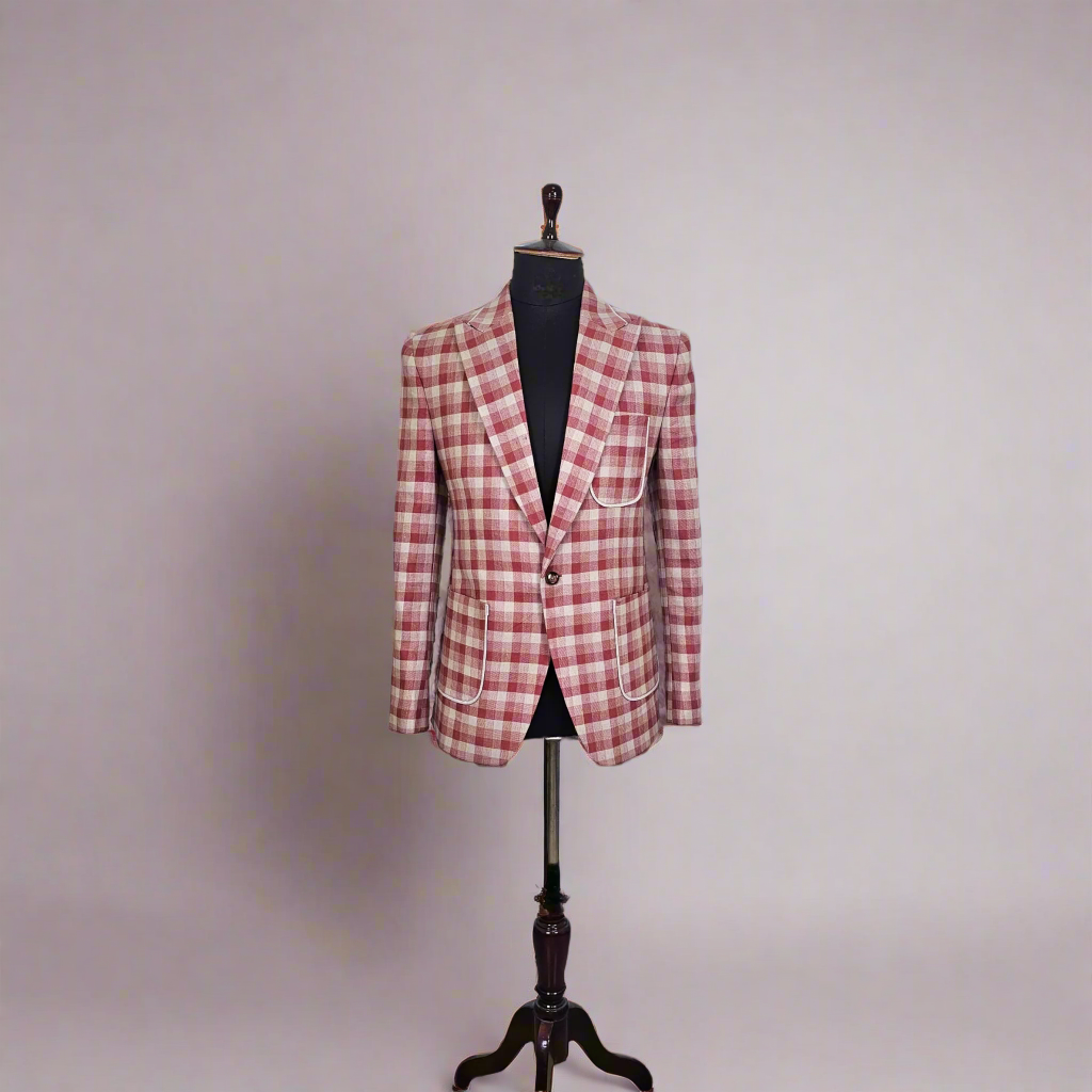 Pastel Pink, Beige Chequered Linen Blazer