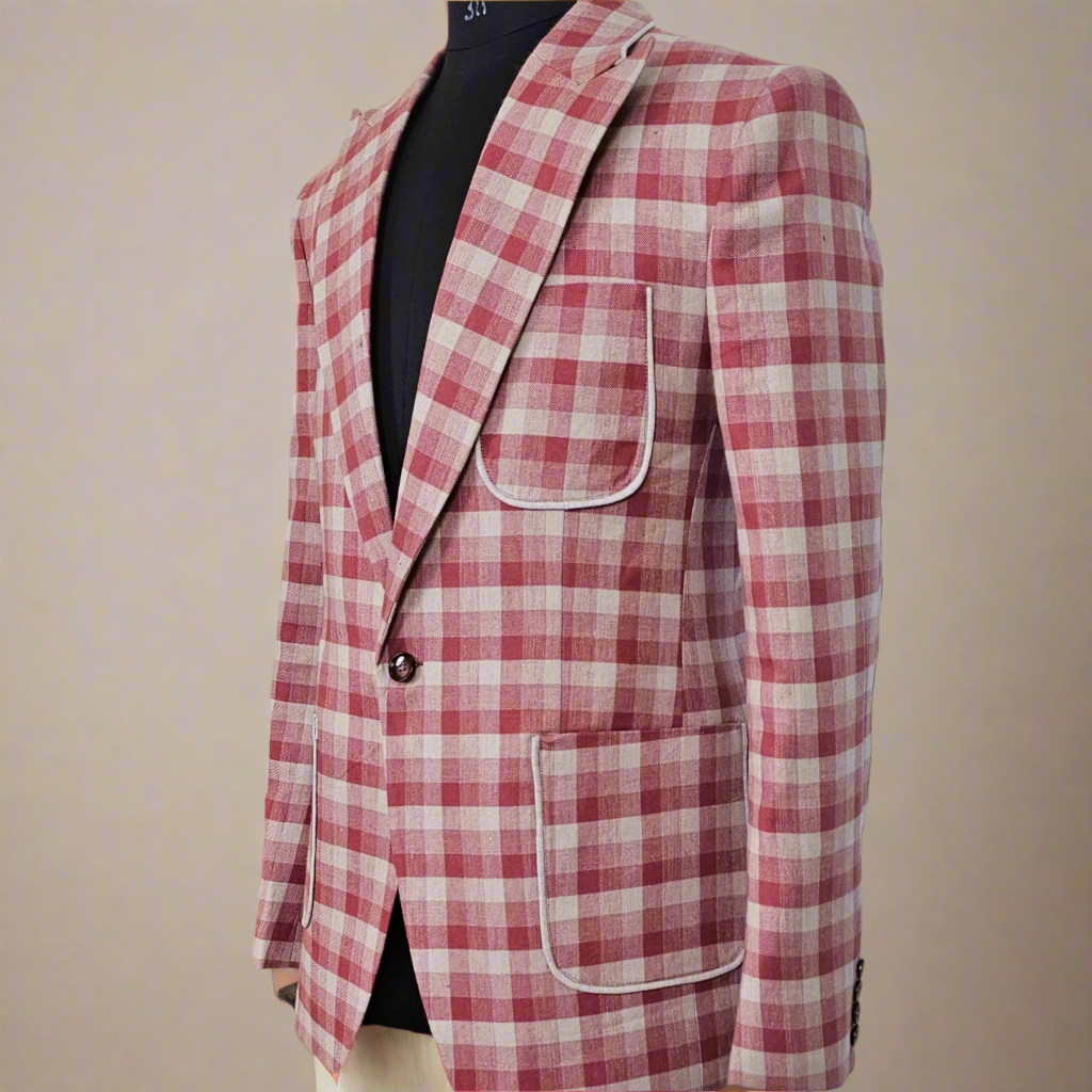 Pastel Pink, Beige Chequered Linen Blazer