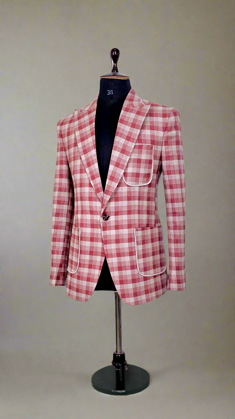 Pastel Pink, Beige Chequered Linen Blazer