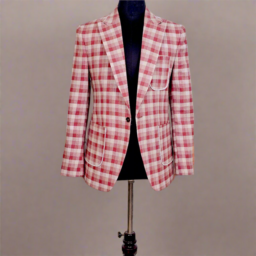 Pastel Pink, Beige Chequered Linen Blazer