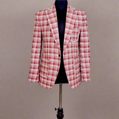 Pastel Pink, Beige Chequered Linen Blazer